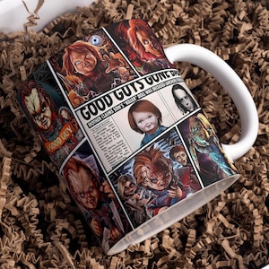 Canecas digitais envolventes com estampa de boneca assassina de terror, sublimação PNG, 11 oz e 15 oz, caneca assassina, caneca de terror, design de boneca assustadora