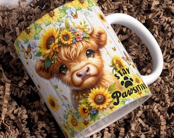 Restez positif, tasse enveloppante de vache Highland, conceptions de tasse numérique, sublimation PNG, 11 oz et 15 oz, tasse humeur, mignon bébé vache Highland tasse