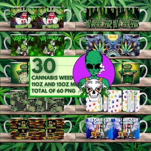 30 Happy Plant Mug Wrap Around Digital Mug Design, 11oz & 15oz, Sublimation PNG, High-Quality, Cannabis Plant, High Mug