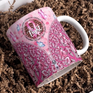 Strength Courage Faith Mug Wrap Around Digital Mug Designs, Sublimation PNG, 11oz & 15oz, Cancer Awareness Teacher Mug, Cancer Survivor Cup