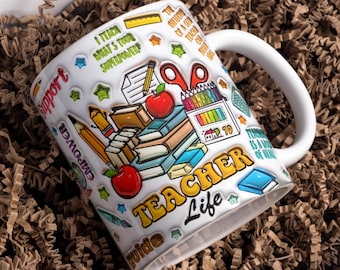 Teacher Life 3D Inflated Mug Wrap Around Digital Mug Designs, Sublimation PNG, 11oz & 15oz, Teacher Mug, Teacher Vibes, Teacher Appreciation