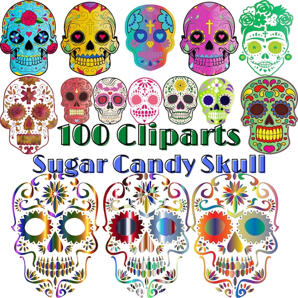100 Colorful Sugar Skulls, PNG, Transparent Background, Printable,Stickers, Decoration, Tshirts, Phone Case, Instant Download