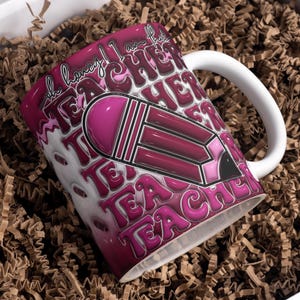 May include: A white ceramic mug with a pink and white design. The mug has the words "Oh honey! I am just a teacher" written on it in a stylized font. A large pink pencil is drawn on the mug.