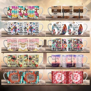 May include: Set of 10 white ceramic mugs with various Christian-themed designs. The mugs feature floral patterns, scripture verses, and inspirational quotes. The designs include "Pray on it", "Faith Love Hope Family", "He will cover you with his feathers", "Let your faith be bigger than your fears", "All things through Christ", and "He loved us first".