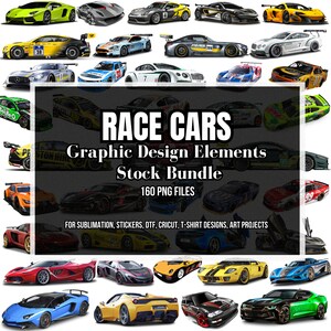 May include: A collection of 160 PNG files featuring various race cars in different colors and designs. The cars are isolated on a white background and are perfect for graphic design projects, stickers, and t-shirt designs.