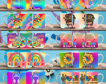 30 tazas digitales envolventes con diseño de concienciación sobre el autismo, 325 ml y 400 ml, sublimación PNG, alta calidad, para niños especiales, con mensaje de aceptación del autismo.