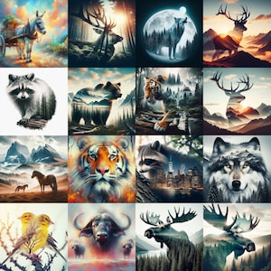 Tier Wildtiere, 90 PNG, Doppelbelichtungseffekt Für Tassen, Becher, Sublimation, T-Shirts, Dekoration, Einladung, Sofort Download