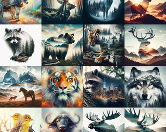 Animal Wildlife, 90 PNG, Double Exposure Effect For Mugs, Tumblers, Sublimation, T-shirts, Decoration, Invitation, Instant Download