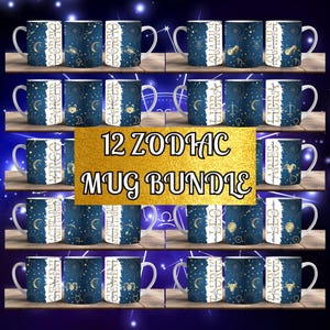 May include: A set of 12 ceramic mugs featuring each of the zodiac signs. The mugs are white with a blue and gold design. Each mug has the zodiac symbol and the name of the sign. The mugs are arranged in a grid pattern on a wooden surface. 12 Zodiac Mug Bundle