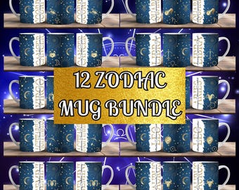 12 Zodiac Mug Wrap Around Digital Mug Design, 11oz & 15oz, Sublimation PNG, High-Quality, Zodiac Cup, Star Mugs