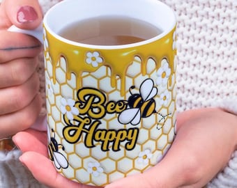 Be Happy, Honey Bee Mug Wrap Around Digital Mug Designs, Sublimation PNG, 11oz & 15oz, Bee Mug, Honey Mug, Sweet Mug, Cute Mug, Bee Happy
