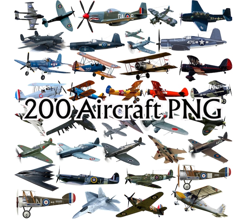 K&ouml;nnte beinhalten: Eine Sammlung von 200 Flugzeugen in verschiedenen Designs und Farben, darunter Doppeldecker, Kampfflugzeuge und Bomber. Das Bild zeigt eine Vielzahl von Vintage- und modernen Flugzeugen, mit dem Text "200 Aircraft PNG" in der Mitte.