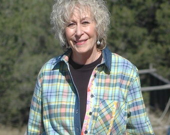 Plaid Flannel Shirt with Denim Collar and Cuffs