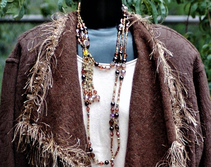 Featured listing image: Wool jacket with a cascading front  with tonal embroidery on cotton  and inside wool with feathery trim