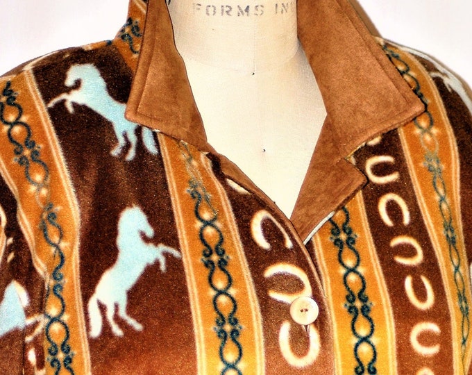 Featured listing image: Western theme velour anti-pill fleece with horse shoes, danceing horses trimmed in faux suede and fringe on the pockets