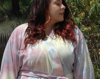 Plus Size Tie Dye Kimono Robe, Mid-Calf Length