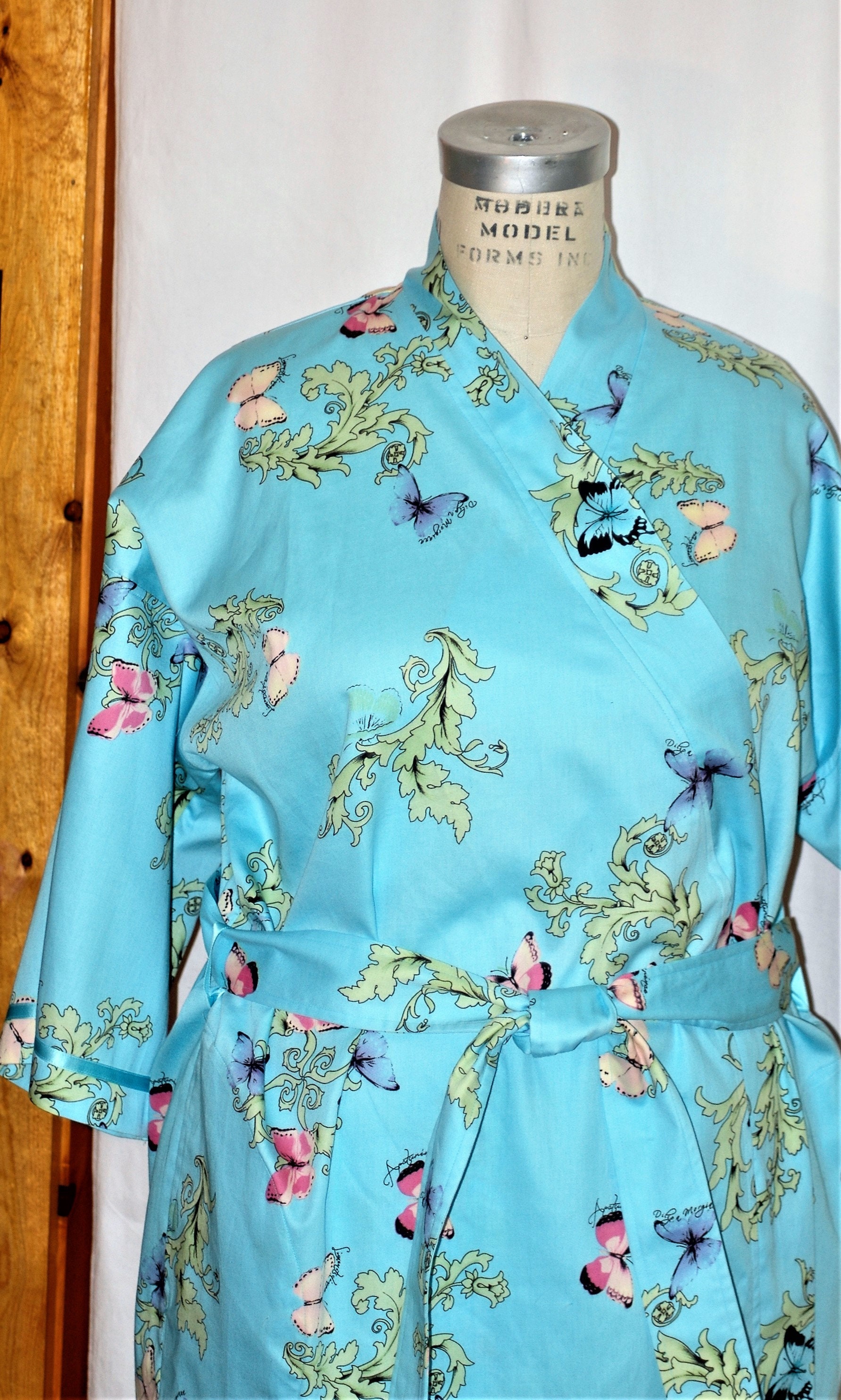 Cotton summer satten finish full wrap robe with satin ribbon trim on 3/