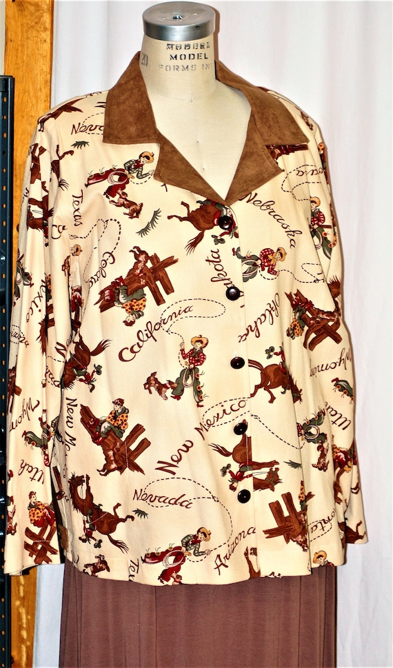 Retro Western Print Cotton Jacket with Faux Suede Trim