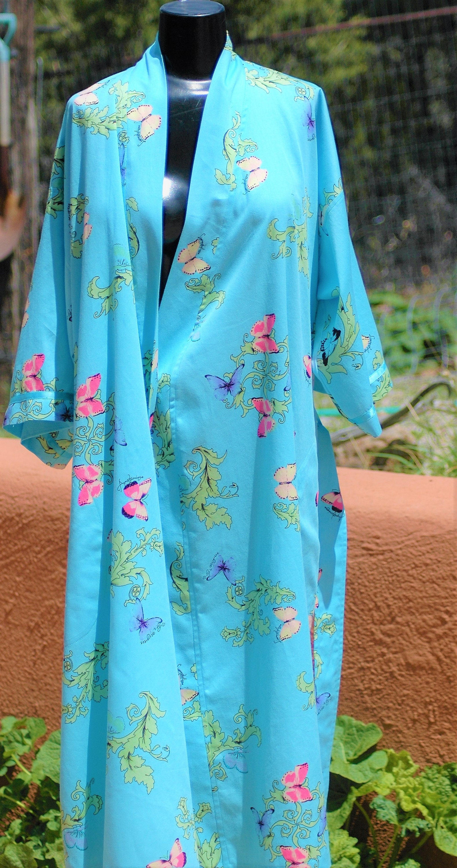 Cotton summer satten finish full wrap robe with satin ribbon trim on 3/