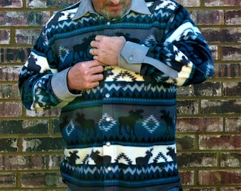 Velour Fleece Shirt, Southwest Moose Design, Ultra Suede Trim