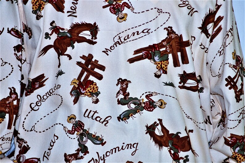 Riding across the the western states in a retro cotton print ja