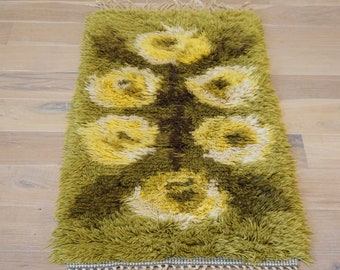 Vintage Scandinavian Pile Rya XS Wool - Rya rug - Green/Yellow/Brown