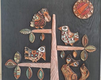 Large XXL panel by Roland Zobel, France, from the 1970s, made of ceramic, mounted on a wooden panel.