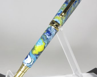 Rollerball pen, "Infinity" style, in swirling, shimmery acrylic resin with gold hardware finish, my Item # 105722
