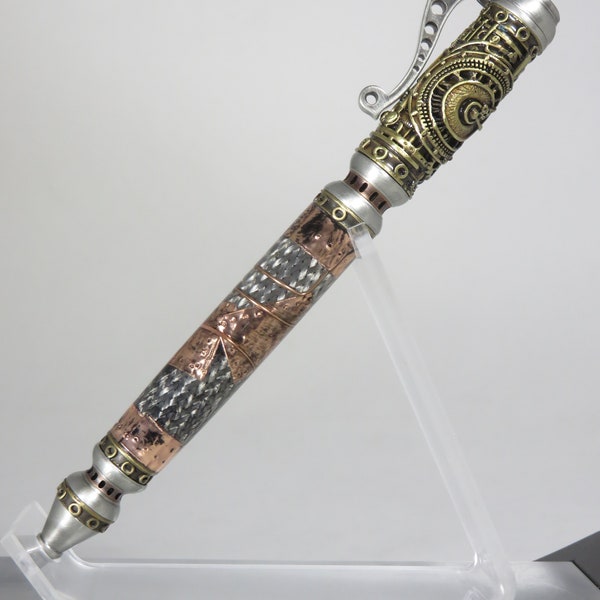 Pump action, "Steampump" style pen in "steampunk piping" motif with stainless steel braid and copper foil & wire, my item 104673