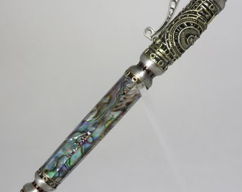 Pump action, "Steampump" style pen in clear acrylic resin over colorful abalone shell segments, my item 104677