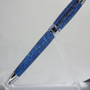 Ballpoint twist pen, &quot;Princess&quot; style in glittery blue acrylic with bright chrome hardware & blue Swarovski crystals, my Item 104134