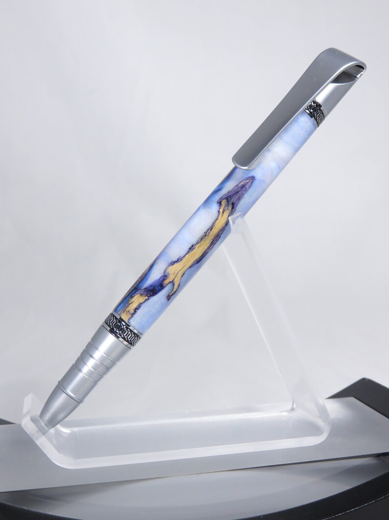 Ballpoint twist pen Virtuoso style in blue /& purple acrylic encompassing cholla cactus with satin chrome hardware my Item 102883