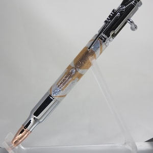 Bolt Action Rifle ballpoint pen in copper foil Punisher Skull on a silver foil background with bright chrome hardware finish, my Item 105228