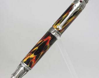 Ballpoint, "Skull" themed twist pen in black acrylic resin with red, yellow, & orange accents and antique pewter hardware, my Item 104525