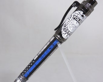 Ballpoint click pen, Law Enforcement theme, in Thin Blue Line Flag with gun metal hardware finish, my Item 103703