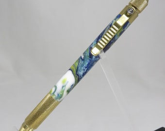 Ballpoint "Anvil" style click pen in colorful acrylic resin with brass hardware finish, my Item 105480