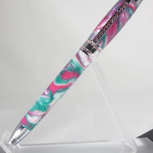 Ballpoint twist pen, &quot;Princess&quot; style in deep pink, teal green, and white w/bright chrome hardware & pink Swarovski crystals, my Item 105248