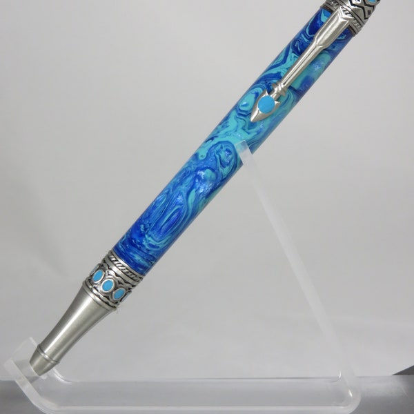 Ballpoint twist pen, "Southwest Mesa" style in swirling dark blue and teal acrylic resin with antique pewter hardware, my item 104334