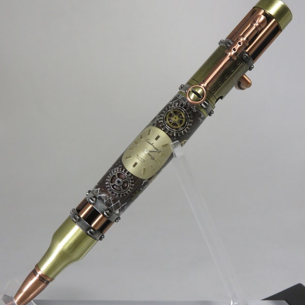 Bolt action pen, "Steampunk" theme , with Steampunk Watch body in antique brass and antique copper finishes, my Item # 104680