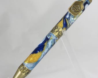 PICKLEBALL THEME: Ballpoint twist pen, in swirling, shimmery, multicolored acrylic resin and antique brass hardware finish, my item 105364