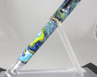 Ballpoint pen, "Triton" style in swirling, shimmery, multicolored acrylic resin and bright chrome & gold hardware finish, my item 105574