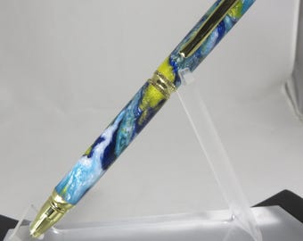 Ballpoint "Streamline Elite" style twist pen, in shades of white, blue, and gold acrylic resin with bright gold hardware, my Item 105442