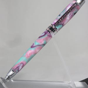 Ballpoint twist pen, &quot;Princess&quot; style in sparkly plum, pink, and aquamarine with bright chrome hardware & pink crystals, my Item 105012