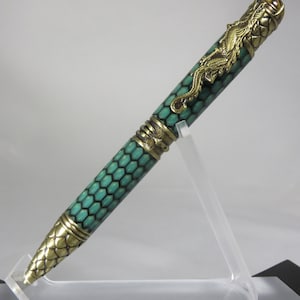 DRAGON THEME: Ballpoint twist pen in green acrylic resin and black hexagon pattern with antique brass hardware finish, my Item 104719