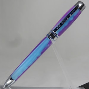 Ballpoint twist pen, &quot;Princess&quot; style in glittery pink and blue acrylic with bright chrome HW & blue Swarovski crystals, my Item 105016