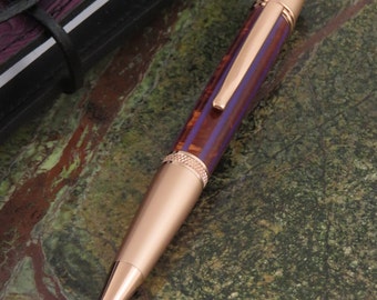 Ballpoint twist pen, "Sierra" style, copper-colored acrylic with purple stripes and 2-toned copper hardware, my Item 101359