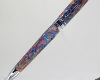 Ballpoint twist pen, "Princess" style in sparkling pinks, yellows, reds, and blues w/bright chrome hardware & blue crystals, my Item 104668