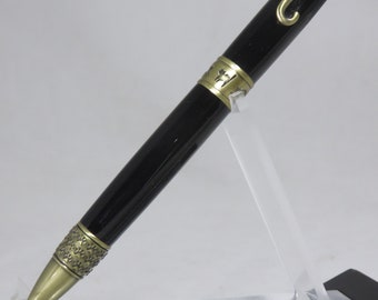 Ballpoint, "Cat" twist pen in jet black acrylic resin with antique brass hardware, my Item 103934