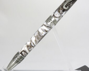 Ballpoint twist "Cat" pen, in swirling, shimmery silver, cream, and coppery brown acrylic with antique pewter hardware, my Item 104652