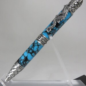 DRAGON THEME: Ballpoint twist pen in turquoise TruStone with jagged, black lines running throughout & antique pewter HW, my Item 104962